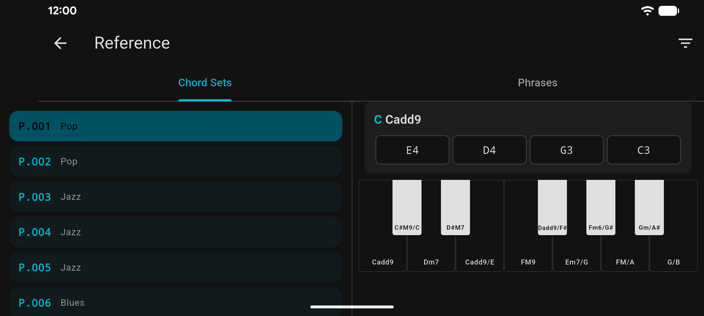 Chord set browser with piano keyboard